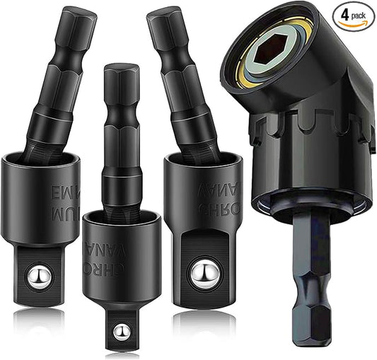 105 Degree Right Angle Drill Adapter Set, 1/4-1/2 Inch Socket Adapters, 4-in-1 Impact Grade Extension Kit with 360째 Rotation for Household Workplace Industry