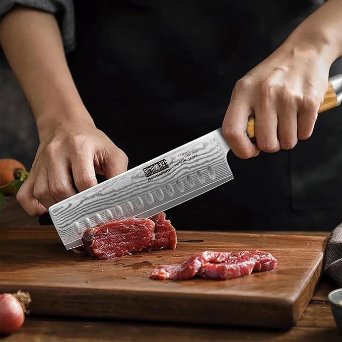 HOSHANHO Damascus Nakiri Knife 6.5 Inch, Super Sharp Damascus 10Cr15CoMoV Japanese Kitchen Knife, Cleaver and Vegetable Knife with Ergonomic Olive Wood Handle