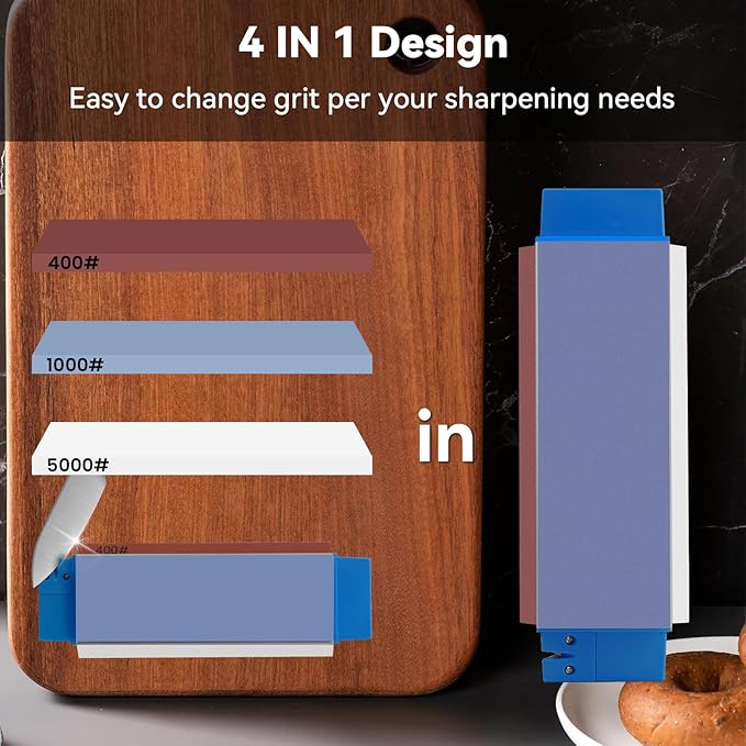 Knife Sharpening Stone, 3 Sides Grit 400/1000/5000, Whetstone Knife Sharpener with Non-Slip Base, Angle Guide & Leather Strop, for Kitchen Knives and Pocket Knives and More
