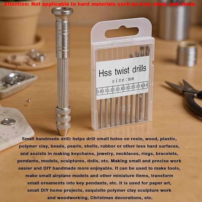 Manual Craft Drill,Hand Drill with 10 PCS Small Drill Bits (0.8mm-3.0mm),for Jewelry Making,Small Hand Drill for Resin,Rotary Tools for Wood,Jewelry,Plastic,Miniature-Silvery