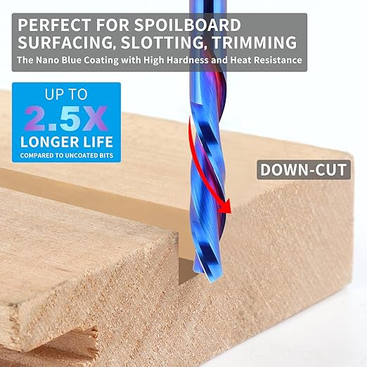 Down Cut Spiral Router Bit 1/4 Inch Shank, 1-1/4 Inch Cutting Length, Extra Long 3 Inch Overall Length, CNC Router Bits Set Downcut for Wood Milling Cutter