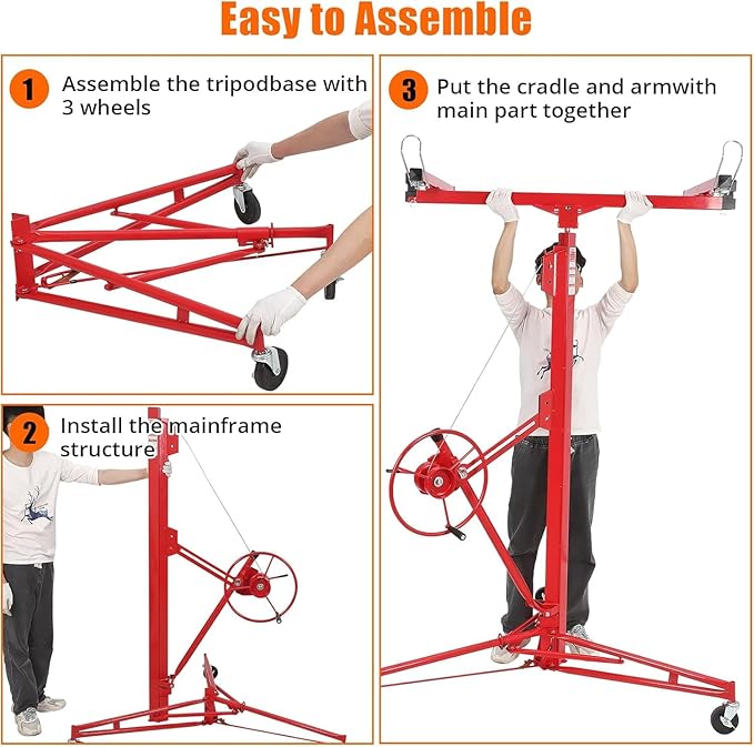 11 FT Drywall Lift Panel Rolling Hoist Jack Lifter, Sheetrock Lift Drywall Lift, Foldable Adjustable Drywall Jack Lift for Ceiling and Walls and Home Improvement, with 3 Lockable Wheels, Red