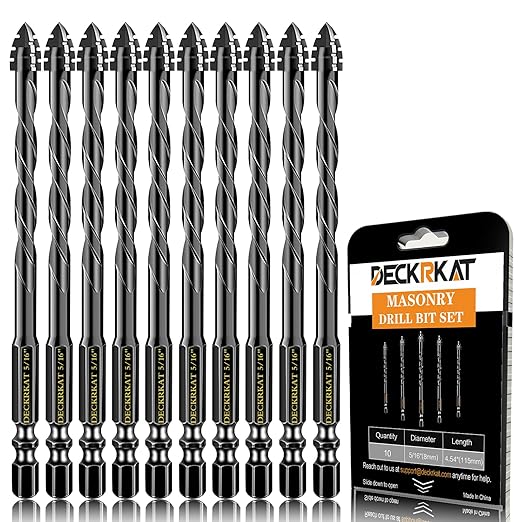 DECKRKAT Upgraded 10-Pack 5/16 Inch Black 4-Flute Serrated Masonry Drill Bits - Concrete, Tile, Glass, Brick, Ceramic, Plastic, Wood
