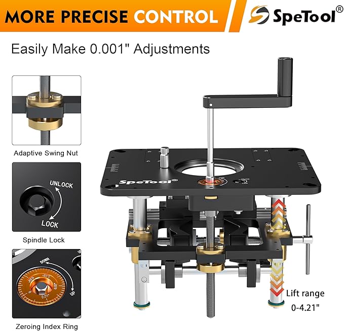 SpeTool Router Lift for 2.56??4.21??Dia Routers, Precision All-aluminum Router Table Lift System with 3 Magnetic Insert Rings, 9-1/4"x11-3/4" Router Table Insert Plate for Woodworking Add DIY Template