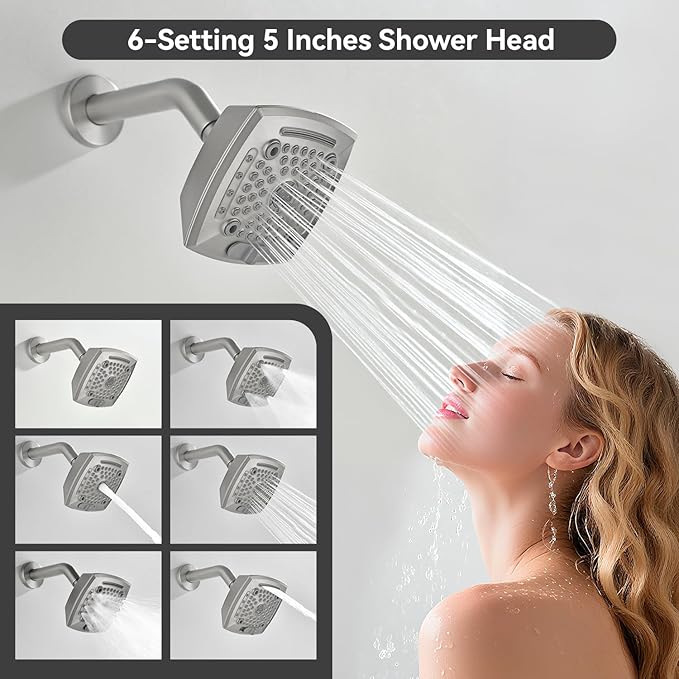 2 Handle Shower Faucet Set 6-Spray Shower Head and Handle Set Shower Trim Kit with Rough-in Valve Bathroom Shower Faucet Valve Trim Kit Brushed Nickel