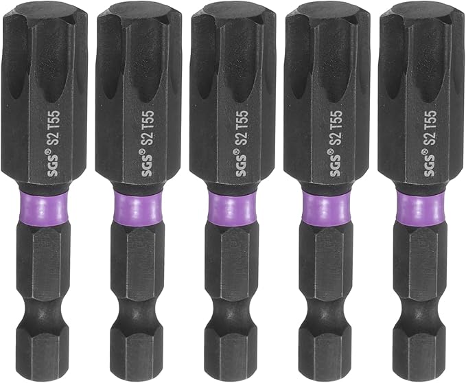HARFINGTON 5pcs T55 Torx Head Impact Screwdriver Bits 1/4" Hex Shank 2" (50mm) Long Magnetic No Hole Tamper Proof 6 Point Star Screw Driver Drill Bits Phosphate S2 Steel Power Tools