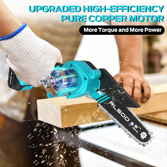 Mini Chainsaw Cordless, 6 Inch Battery Powered Electric Chain Saw, Portable Handheld Small Tree Trimmer for Wood Cutting, Courtyard, Household, and Garden (Includes 2 Batteries and 3 Chains)