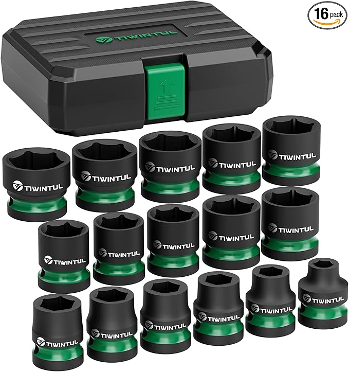 1/2" Drive Shallow Impact Socket Set, 8-24mm, Metric, CR-MO, 6-Point, 16 Pieces Stubby Socket Set for Automotive Maintenance, Repairs and DIY Projects