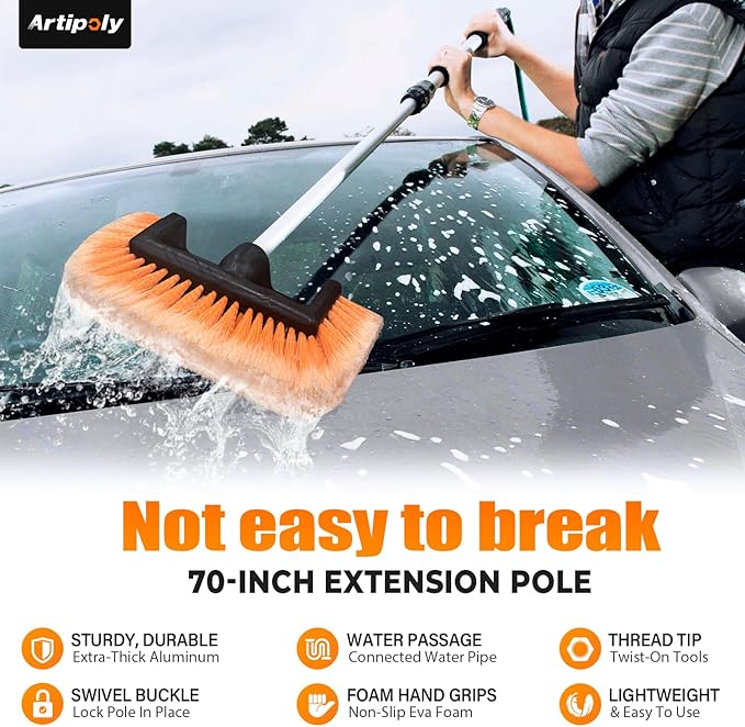 72" Car Wash Brush with Long Handle, Flow-Thru Soft Bristle Car Washing Brush with Extendable Handle and Hose Attachment and On/Off Switch for Car, RV, SUV, Truck, Boat, House Siding