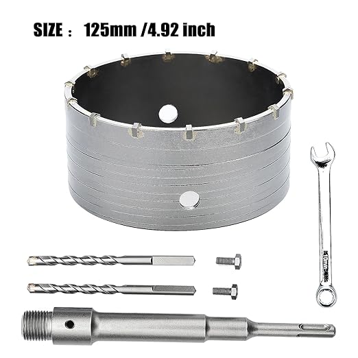 4.92 inch / 125mm Concrete Hole Saw with SDS Plus Shank Connecting Rod,6.3mm Tungsten Carbide Tip Cement Hole Saw for Concrete Cement Brick Wall (125mm (4.92 inch))