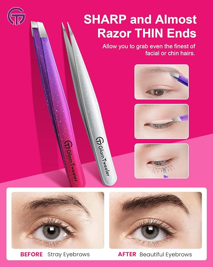 Expert Slant and Point Tip Tweezer Set with Exclusive Storage & Carrying Case, GlamTweeler Sharp & Precision Tweezer Set for Eyebrows, Facial Hairs & Fine Hairs Removal (Sparkle Deep Voilet + Silver)