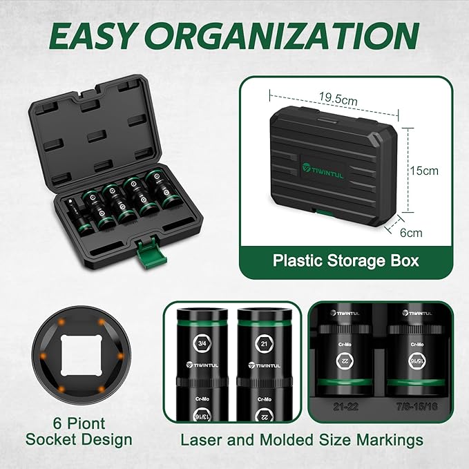1/2" Lug Nut Socket Set, 5Pcs Impact Flip Socket Set, CR-MO Steel, 6-Point, Double Ended Thin Wall Wheel Socket Set with Extension Bar, Metric 17-19 21-22 mm & SAE 3/4"-13/16", 7/8"-15/16"