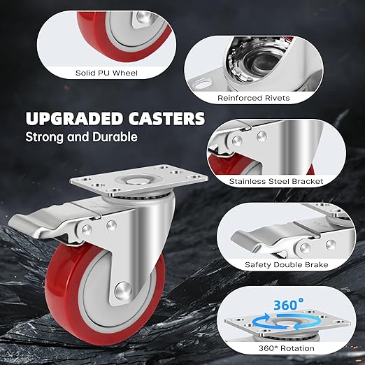 W B D WEIBIDA Stainless Steel 4 Inch Caster Wheels with Brake,Anti-Corrosion 304 Heavy Duty Casters Set of 4,Rust-Proof Industrial Castor for Furniture,Labs,Hospitals,Restaurants,Industrial