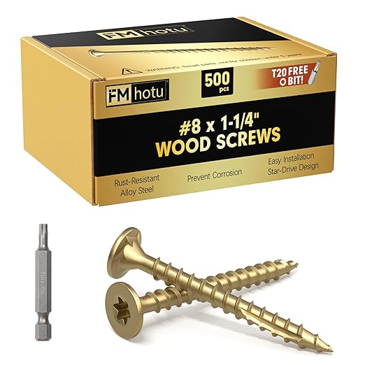 #8 x 1-1/4” Deck Screws, 500Pcs Star Drive Wood Screws, Rust Resistant Timber Screws for Timber/Log/Landscaping Wood, T20 Star Bit Included, Gold