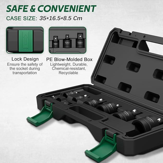 8 Pcs Impact Socket Adapter & Reducer Set, CR-MO, 1/4", 3/8", 1/2", 3/4", 1" Drive Socket Adapter Set with Blow Molded Case for Mechanic, Industrial Repair, Socket, Wrench, Driver Conversions