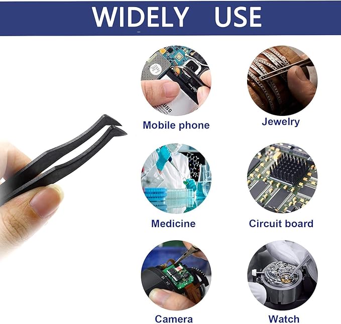 Auniwaig 20pcs Precision Plastic Tweezers, Slant Point Tip Anti-Static Tweezers for Jewelry Craft DIY Beauty Electronics Repair Tool, (4.7 Inch, Black02)