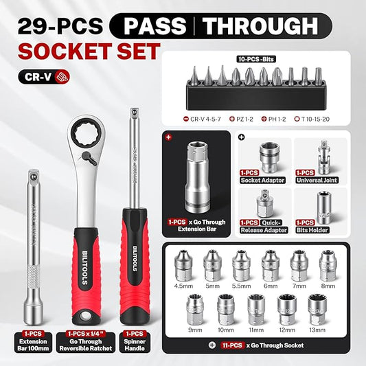BILITOOLS 29PCS 1/4" Pass Through Socket Set, 3-In-1 Conversion for Standard Ratchet, Pass-Through Ratchet & Mini Screwdriver, Pass Thru Go Through Mechanics Tools Set For Hex, Square, E-Torx, Spline