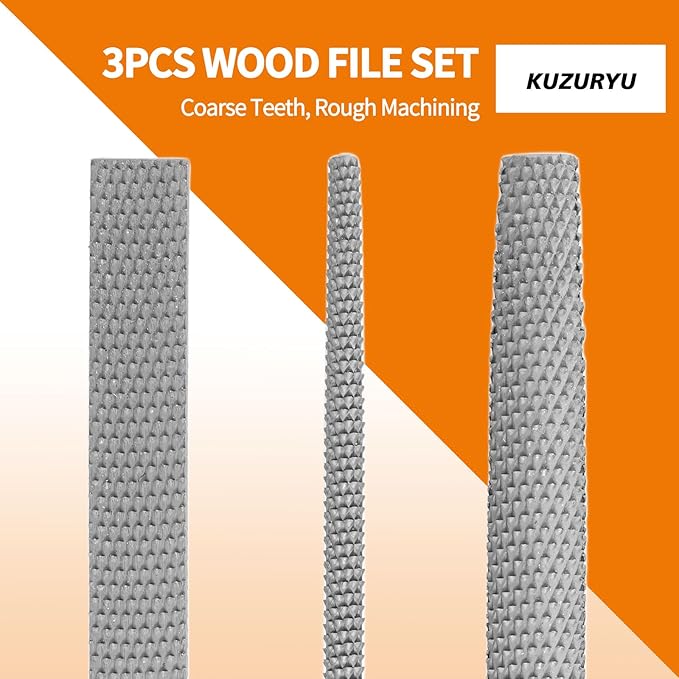 KUZURYU Woodworking Rasp Set – 3PCS Multi-Shape Precision Wood Files（Flat, Half-Round, Round） with Ergonomic Handles for Carpentry, DIY, and Wood Restoration