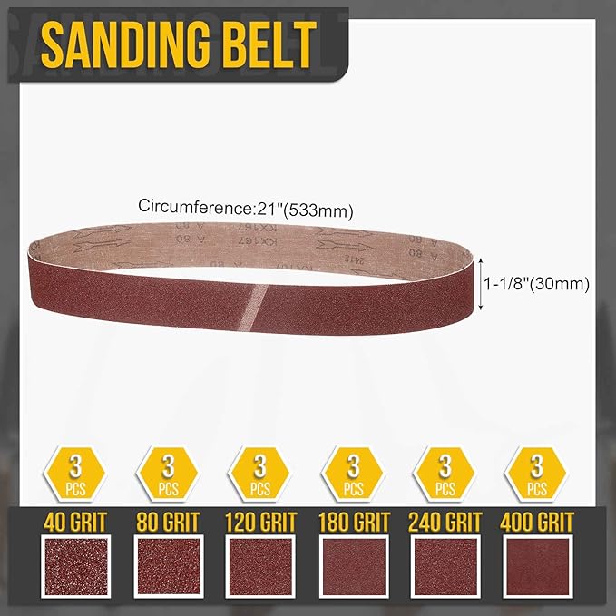 1-1/8 x 21 Inch Sanding Belt, 18 Pcs 40/80/120/150/240/400 Grits Aluminum Oxide Knife Sharpener Belts Work Sharpening for Belt Sander Knife Carving Tool Metal Working