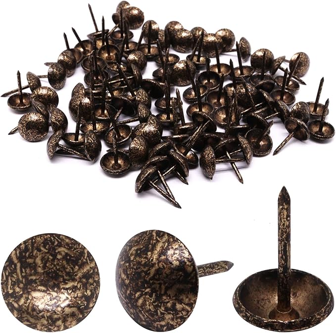 YuGtcen 100pcs Upholstery Tacks for Furniture, Decorative Nails Thumb Tacks Metal Upholstery Nails for Wood Pins Vintage Furniture Tack (11x17mm, Antique Bronze)