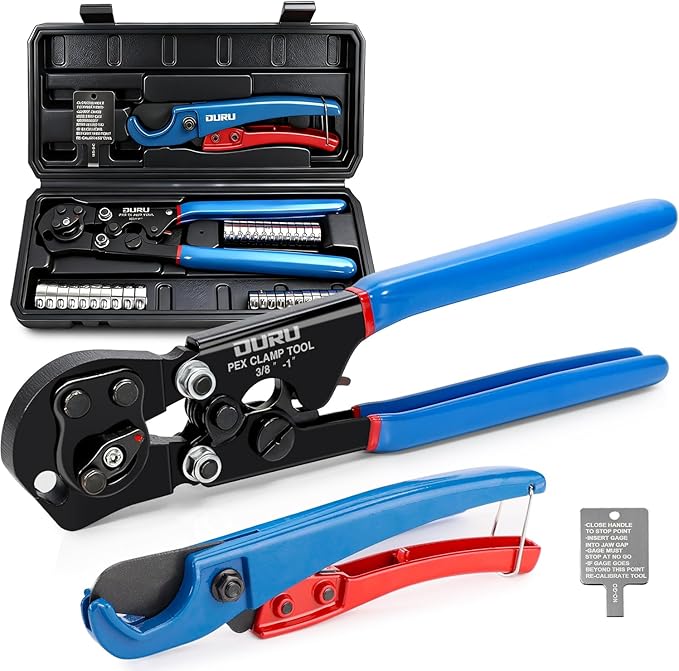 2 IN 1 Ratchet Pex Crimping Tool Cinch and Remove Combo Function Pex Pipe Crimp Tool from 3/8" to 1" Pex Crimper with Pex Cutter and Stainless Steel Pex Clamps 1/2" 25PCS, 3/4" 10PCS in Plastic Box