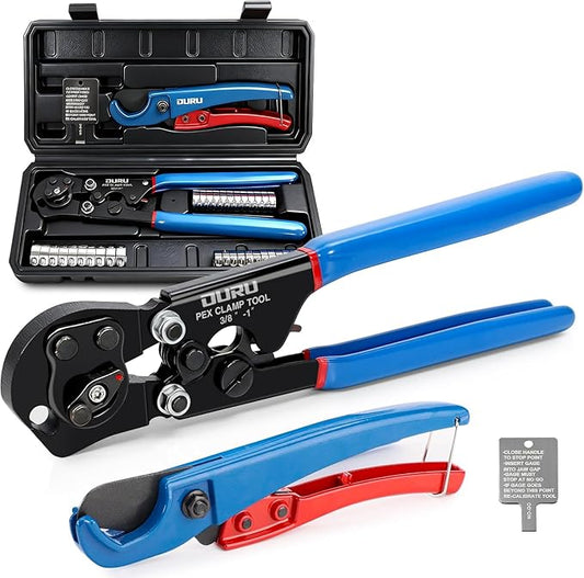 2 IN 1 Ratchet Pex Crimping Tool Cinch and Remove Combo Function Pex Pipe Crimp Tool from 3/8" to 1" Pex Crimper with Pex Cutter and Stainless Steel Pex Clamps 1/2" 25PCS, 3/4" 10PCS in Plastic Box
