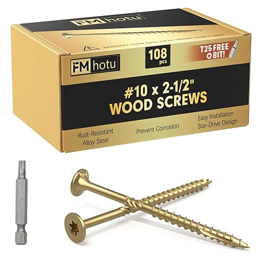 #10 x 2-1/2??Deck Screws, 108Pcs Star Drive Wood Screws, Rust Resistant Timber Screws for Timber/Log/Landscaping Wood, T25 Star Bit Included, Gold