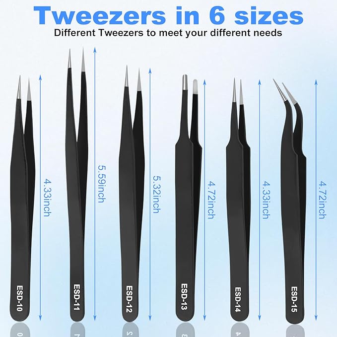 6Pcs Precision Tweezers Set,Upgraded Anti-Static Stainless Steel Tweezers, for Electronics Repair, Model Building, Soldering, Laboratory Work, Craft Essentials