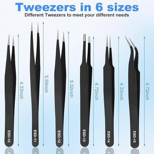 6Pcs Precision Tweezers Set,Upgraded Anti-Static Stainless Steel Tweezers, for Electronics Repair, Model Building, Soldering, Laboratory Work, Craft Essentials