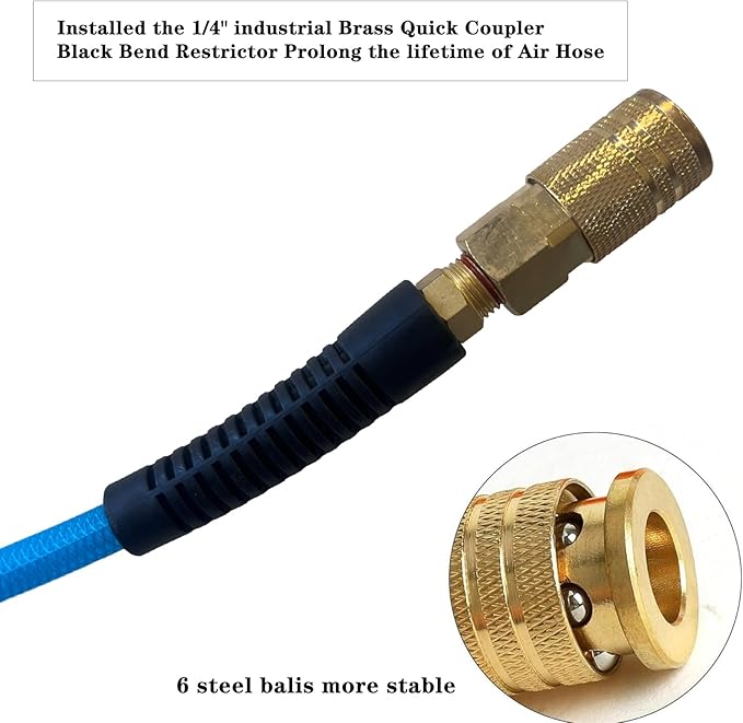 Air Hose 1/4 in x 100 ft, Polyurethane(PU), Reinforced Air Compressor Hose, Lightweight, Kink Resistant with 1/4??Industrial High Flow Quick Coupler&Plug, Bend Restrictors,300 PSI (100FT, White Blue)