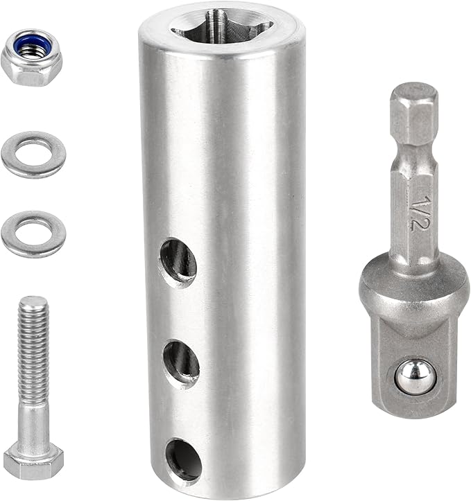 Trailer Jack Drill Adapter Compatible with 1 Inch Jack Drive Shaft, with 1/2 Inch Socket Adapter Bit, Heavy Trailer Jacks Duty Stainless Steel Drill Adapters Kit