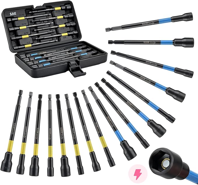 AEROFORCE 16PCS Magnetic Nut Driver Set for Impact Drill, 6 Inch Extra Long Nut Drivers with Sturdy Tool Box, SAE/Metric 1/4" Hex Shank Socket Set for Drill, DIY and Repair Car