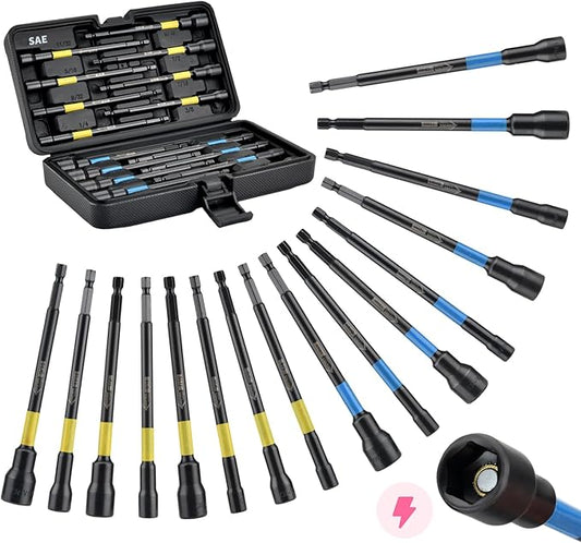 AEROFORCE 16PCS Magnetic Nut Driver Set for Impact Drill, 6 Inch Extra Long Nut Drivers with Sturdy Tool Box, SAE/Metric 1/4" Hex Shank Socket Set for Drill, DIY and Repair Car