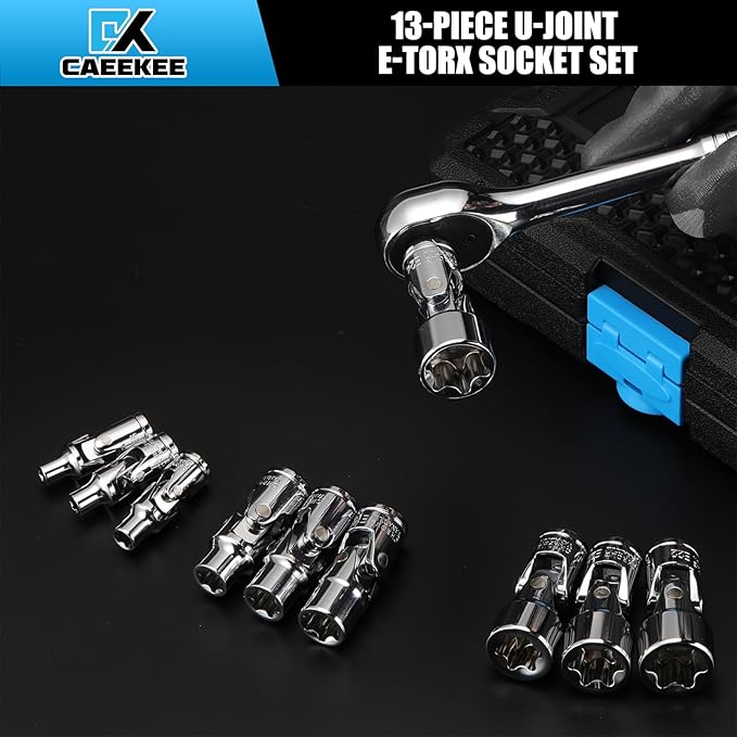 1/4" & 3/8" Drive Universal External Star Socket Set, 13-Piece Universal Joint External Torx Socket Set, CR-V, Storage Case