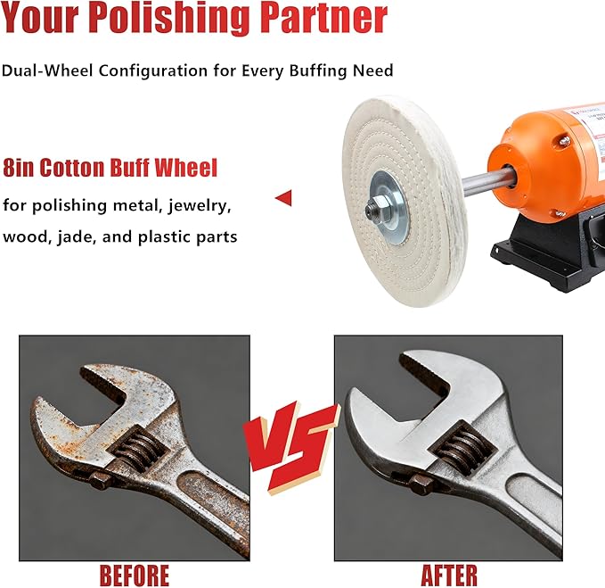Bench Buffer Polisher, 8Inch Benchtop Buffing & Polishing Machine for Metal, Jewelry, Knives, Wood, Jade and Plastic