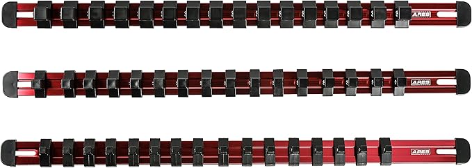 ARES 60124-3-Piece Red 17-Inch Aluminum Socket Rail Set with Locking End Caps - Includes 1/4-Inch, 3/8-Inch, and 1/2-Inch Drive Rails - Each Aluminum Rail Stores up to 16 Sockets