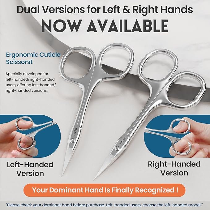 THRAU Left-Handed Cuticle Scissors ??Surgical Grade Stainless Steel with Sharp Curved Tip for Cuticles, Nails, Eyebrows, Eyelashes, Nose Hair & Beard ??Ideal for Manicure & Precise Grooming