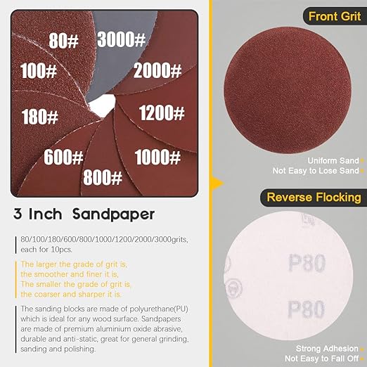 Glarks 92Pcs 3 Inch Hook and Loop Hand Sanding Block Round Sanding Pad Hook Backing Plate with 90Pcs Hook and Loop Sanding Disc Set for Craft, Woodworking, Furniture Repairing (3 Inch)