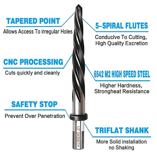 1/2??Bridge Construction Reamer Drill Bit, M2 HSS Taper Chucking Reamer for Steel Alloy Metal Wood Plastic, 1/2" Non-Slip Shank, 5-Spiral Flutes Car Reamer, to Align or Enlarge Holes, 12mm
