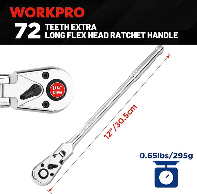 WORKPRO 1/4 inch Drive Extra Long Flex Head Ratchet, 12 Inch Long CR-V Steel Ratchet Handle with Chromium Plating, CR-MO Head, Quick Release Reversible Design, 72-Tooth