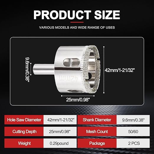 PATIKIL 2pcs 1-21/32" (42mm) Diamond Hole Saw, Glass Diamond Hole Cutters Hollow Core Drill Bits for Fiberglass, Tile, Porcelain, Ceramic