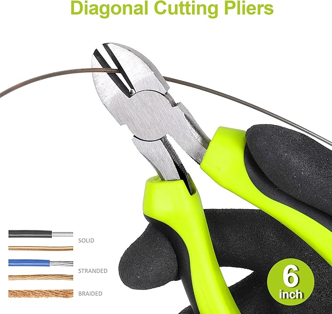FASTPRO 5-Piece Utility Pliers Set with Storage Bag, Includes Groove Joint, Diagonal, Long Nose, Slip Joint Pliers and 8" Adjustable Wrench, Green