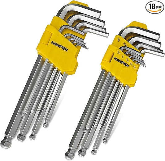 Long Arm Hex Key Allen Wrench Set with Ball End, Ball-End Hex Key Metric/Imperial, Allen Wrench Chrome Vanadium Steel(Cr-V), Tamperproof TORX L- Key Set (18-Piece)