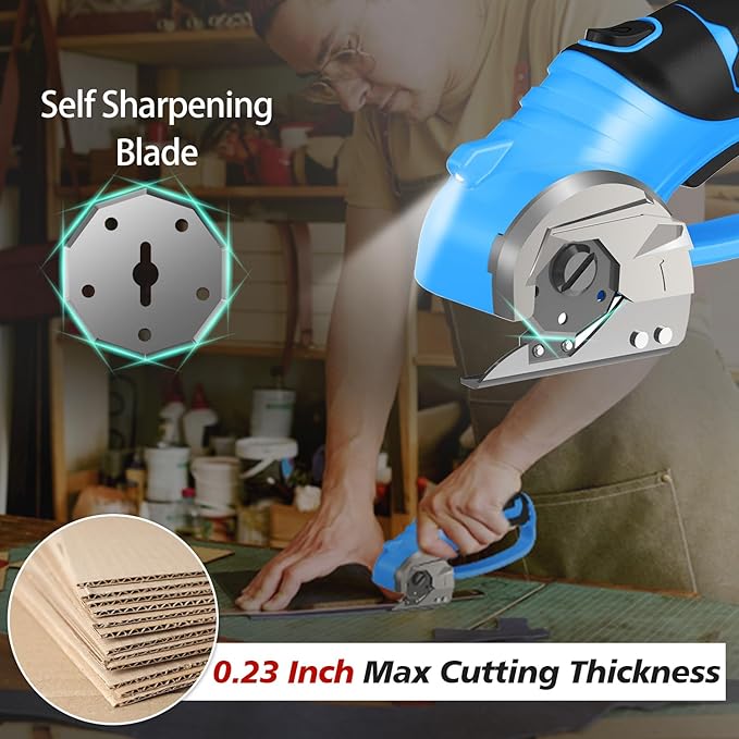 Cordless Electric Scissors, 4V Rechargeable Box Cutter & Cardboard Cutter with Titanium Blade, LED Light, Safety Lock - Rotary Cutter for Fabric, Leather, Carpet, Plastic, Crafting, Sewing (Blue)