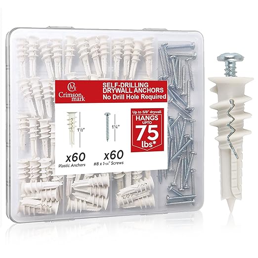 120Pcs #8 Self Drilling Drywall Anchors and Screws kit #8 x 1-1/4?? Superb Wall Anchors for Drywall, Holds Upto 75lbs ??No Drill Hole Required with These Dry Wall Screws and Anchors