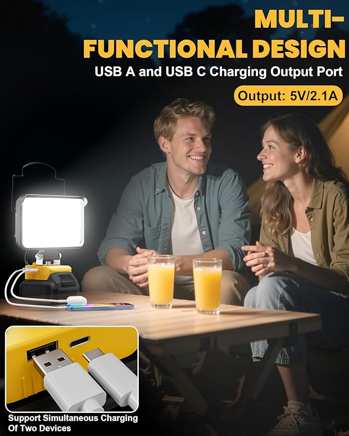 LIVOWALNY Cordless LED Work Light Compatible with Dewalt, 78W 7800LM 5" 20V Battery Flashlights with USB & Type-C & Low Voltage Protection & 140째 Pivoting Head for Emergency, Outdoors & Job Site Light