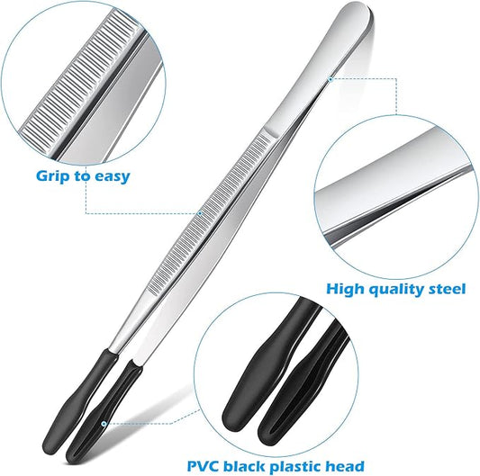 2 Pieces Bent Tip Tweezers with Rubber Tips PVC Coated and 2 Pieces Tweezers Rubber Coated PVC Soft Non Marring Flat Tips Lab Hobby Jewelry Craft Stainless Steel Tool(Black)