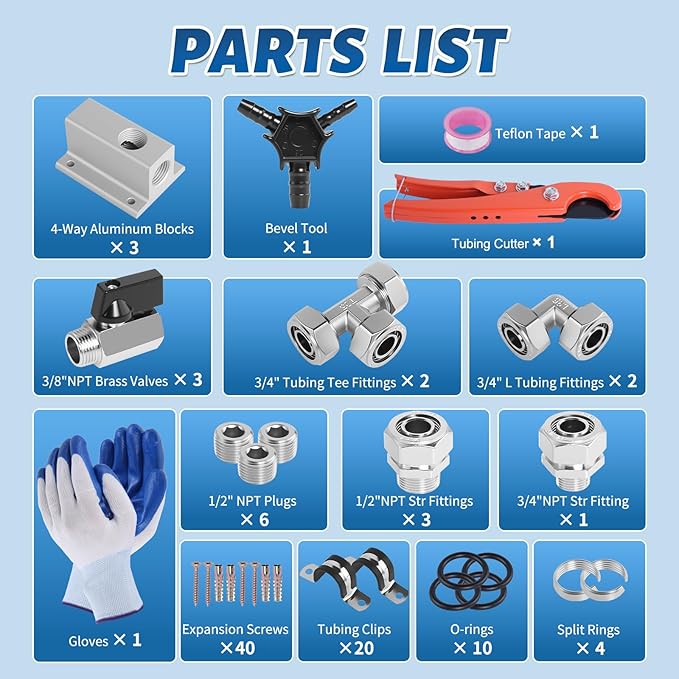 Shop Air Line Kit 3/4??100FT Compressed Air Piping System HDPE-Aluminum-HDPE Air Tubing with 4-Way Aluminum Blocks Brass Valves Air Piping Fittings Kit Air Compressor Accessories for Garage