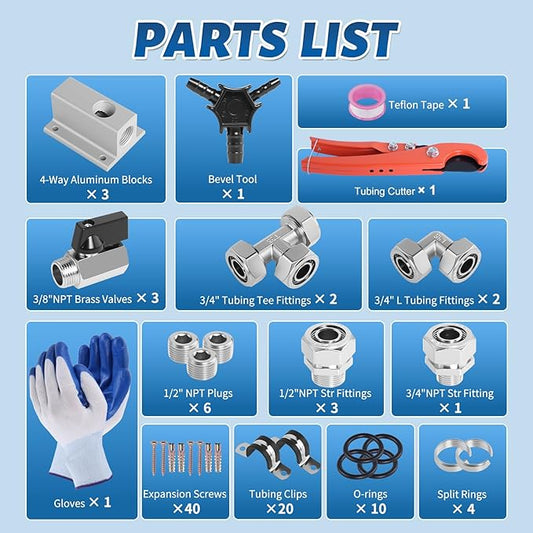 Shop Air Line Kit 3/4??100FT Compressed Air Piping System HDPE-Aluminum-HDPE Air Tubing with 4-Way Aluminum Blocks Brass Valves Air Piping Fittings Kit Air Compressor Accessories for Garage