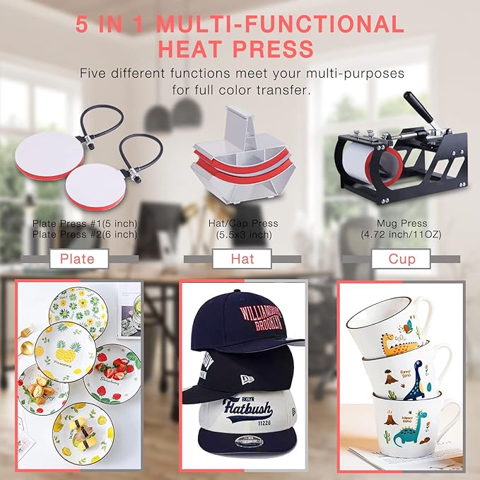 OIIEE Heat Press Machine 5 in 1 Combo Heat Press 12 x 15 Inch Heat Transfer Machine 360-Degree Swing Away Digital Shirt Printing Multifunction Heat Transfer Sublimation for T Shirts Mugs Hat Plate Cap